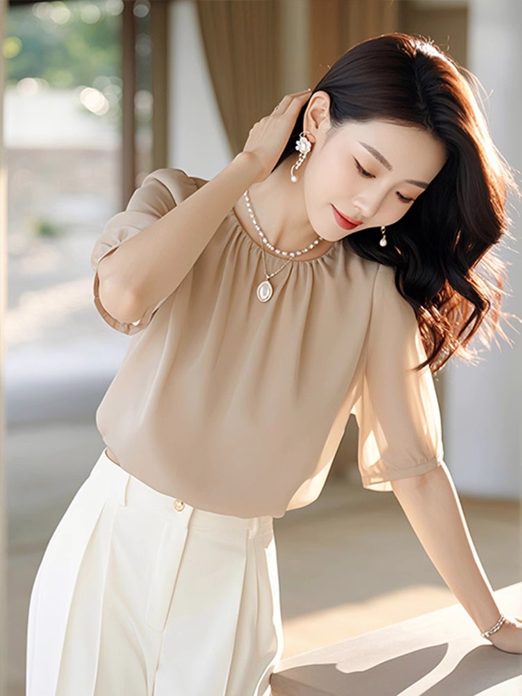 프랑스식 빛 럭셔리 망사 반팔 여성 셔츠 디자인 센스 작은 대중 여름 고유 한 Chic 루즈핏 반소매 아름다운 맨위