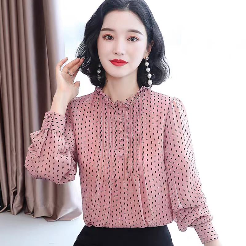 2026 봄 가을 새로운 슈퍼 요정 쉬폰 블라우스 품격 프릴 도트 무늬 중간 소매 맨위 외국 가스 작은 셔츠