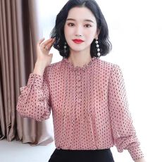 批发2026春秋季新款超仙<b class='q'>雪纺</b><b class='q'>衫</b>气质木耳边波点中袖上衣洋气小衫