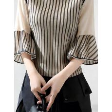 批发日系跨境<b class='q'>衬衣</b>女2025春季新款圆领喇叭中袖<b class='q'>印花</b>上衣