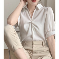 批发短袖夏季垂感衬衫女上衣职业面试正装职场<b class='q'>轻熟</b>风V领工作服衬衣