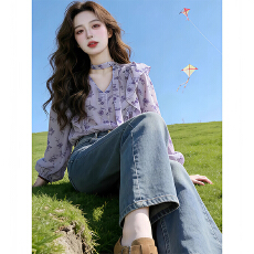 批发法式轻熟风荷叶边系带V领碎花<b class='q'>衬衫</b>女春秋新款设计感<b class='q'>长袖</b>别致上衣