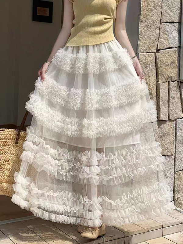 살구 색상 망사 반신 스커트 여성 2026 봄 여름 새로운 달콤함 패치워크 요정 치마 퍼프 케이크 롱 스커트