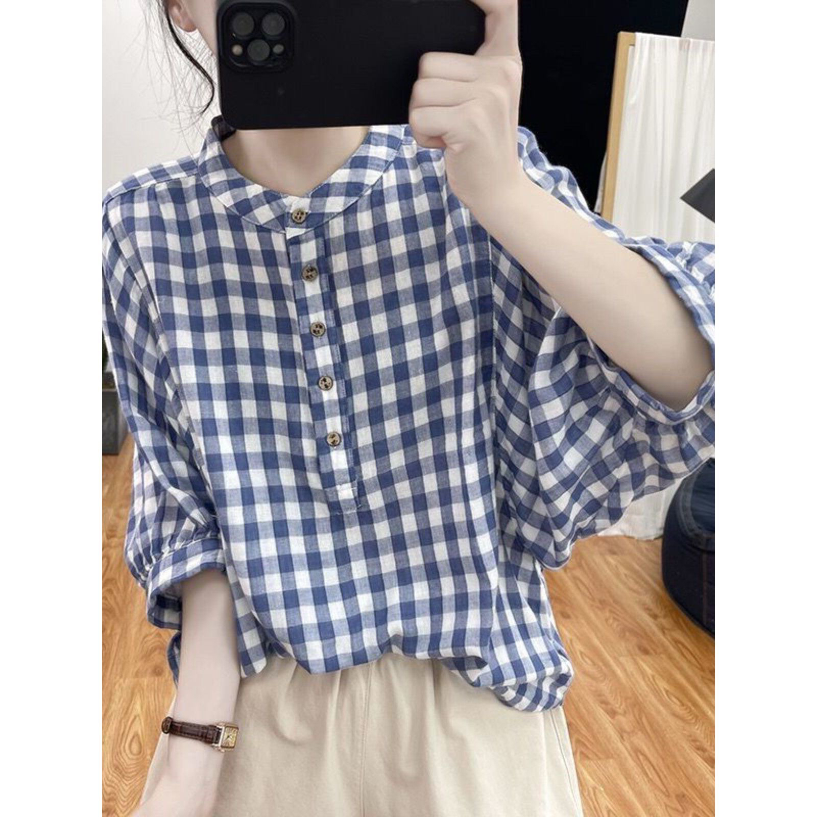 여름 얇은 스타일 면 린넨 체크무늬 맨위 여성 배트윙 소매 블루 화이트 작은 격자 셔츠 루즈핏 연령 감소