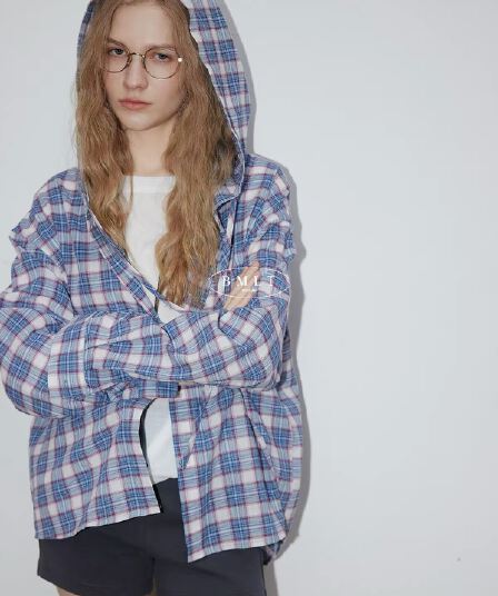 오래된 레인 심지어 그림자 문예 신선함 블루 분말 체크무늬 후드 셔츠 긴팔 햇빛 가리개 레트로 느슨함 여성 코트