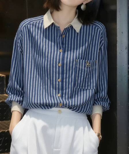 패치워크 색상 스트라이프 품격 우아함 POLO 칼라 셔츠 긴팔 작은 대중 Chic 디자인 센스 싱글 줄 버튼 셔츠 여성