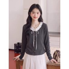 批发Miss Lin甜美设计感撞色木耳边绑带小衫