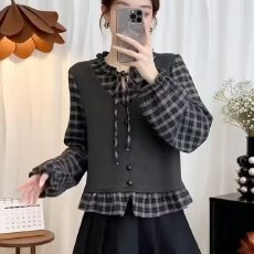批发韩版复古系带格纹假两件衬衫女秋季大码胖mm减龄<b class='q'>百搭</b>上衣