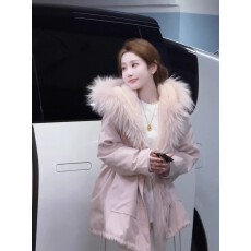 批发婷婷【樱花派克】浅粉色可脱卸貉子毛皮草派克服冬季加厚保暖外套