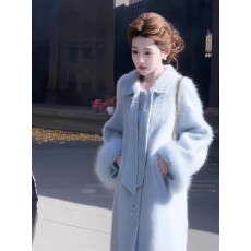 批发婷婷【一眼万年】时尚气质蓝色拉绒大衣冬季新款宽松<b class='q'>显瘦</b>毛呢外套