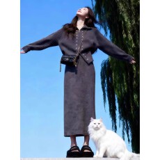 批发韩风chic一整套超好看复古灰色针织开衫a字半裙两件套装2025冬季