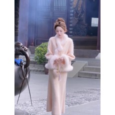 批发婷婷【瑞雪丰年•落日晚霞】新中式粉色狐狸毛拉绒毛呢外套<b class='q'>半身</b>裙