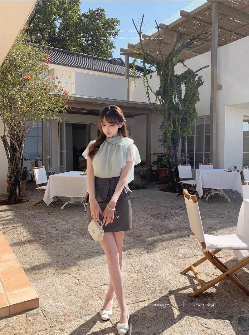 달콤한 수선화 봄날 Tulle 우아함 미시 바람 스탠드 칼라 Tulle 티셔츠 루즈핏 슬림해 보이는 레이스 레이스 맨위