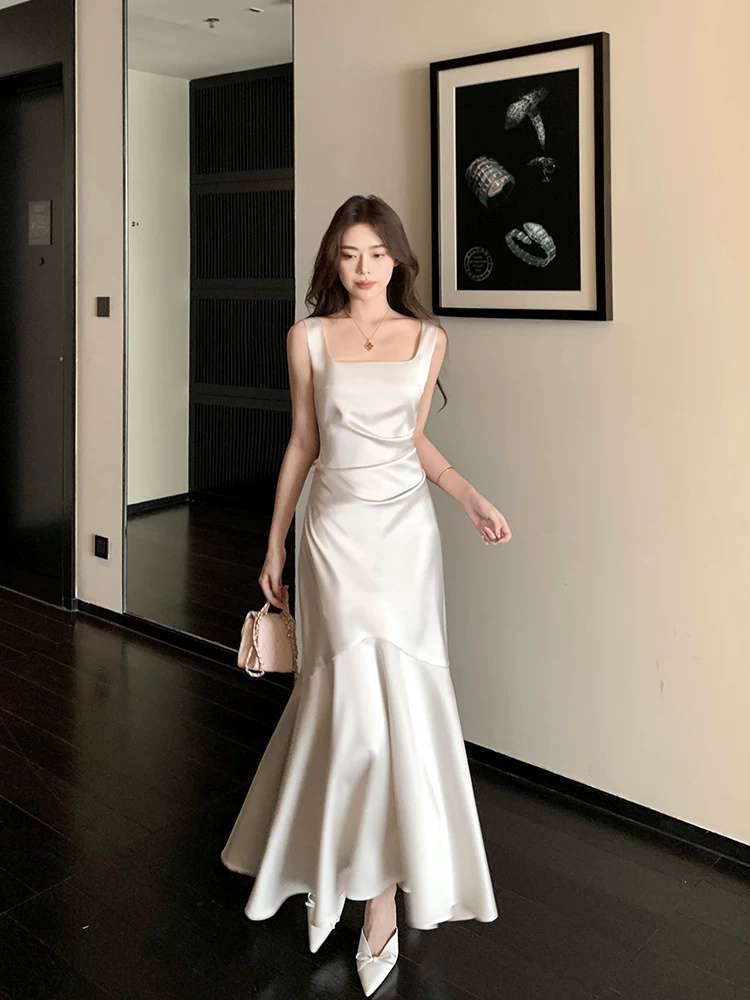 그러나 너 butyou 화이트 새틴 슬립 여성 드레스 여름 인어 꼬리 롱 코트 참여 모임 연회 작은 드레스