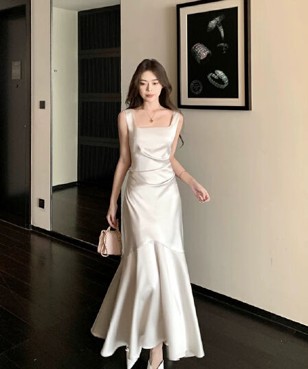 그러나 너 butyou 화이트 새틴 슬립 여성 드레스 여름 인어 꼬리 롱 코트 참여 모임 연회 작은 드레스