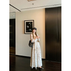 批发LUU桃喜儿/莱赛尔碎花V领长袖连衣裙女夏宽松长裙设计感显瘦裙子