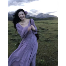 三千长烛一帘幽梦六米重工希腊女神感灯笼袖香芋紫大裙摆长裙