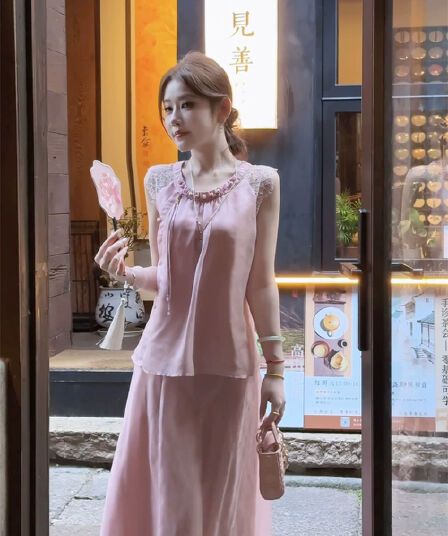 파빌리온 와우 옥 술 새로운 중식 100 명 실크 딩 분말 반팔 맨위 반신 스커트 여성 여름 국풍 세트
