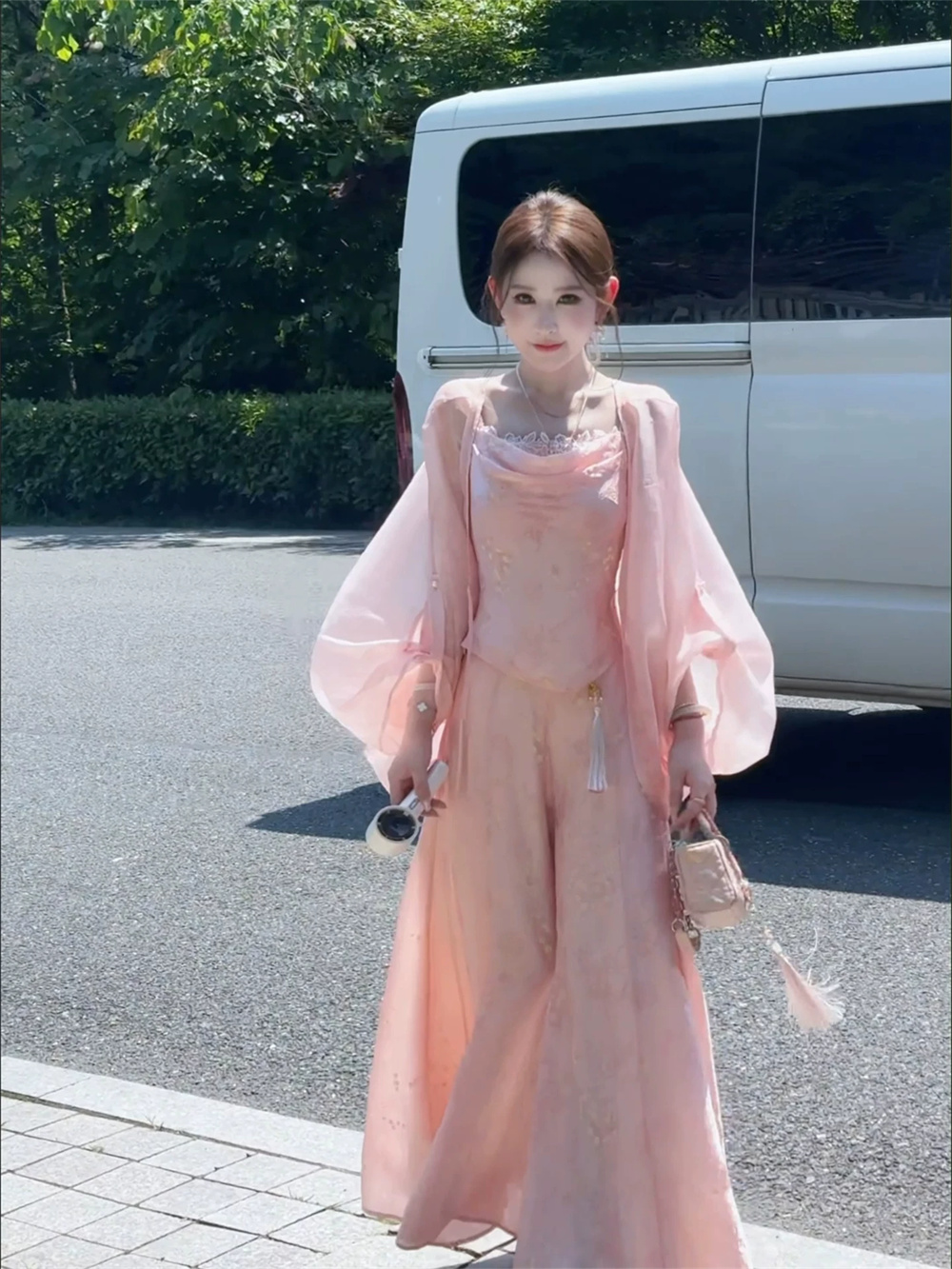 파빌리온 와우 담배 파우더 구슬 빛 새로운 중식 아세트산 자수 어둠 곡물 레이스 슬립 망사 오픈 가디건 바지 3종 세트