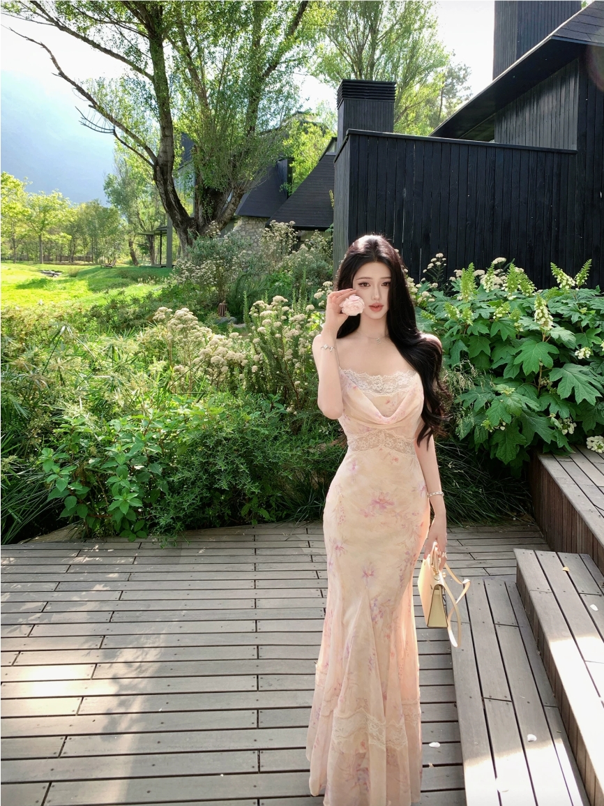 jayky yang 꽃 신 푸 로라 프랑스식 흔들다 칼라 레이스 조각 드레스 프린트 롱 코트 슬립 드레스