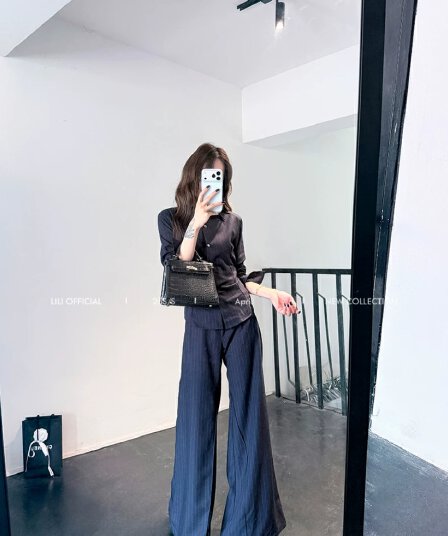 lili 휠 휠 미스 블루 스트라이프 허리 수축 스트랩 가스 질감 셔츠 넓은 다리 정장 바지 투피스 세트