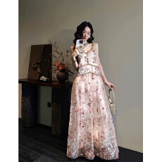 批发三吉黑花【千枝染】新中式满幅珠绣花<b class='q'>连衣裙</b>子女夏季网纱吊带长裙