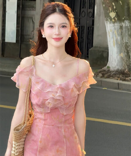 lili 리 리 가족 복숭아 저녁 바람 프랑스식 휴가 바람 프릴 드레스 디자인 섹션 품격 인어 꼬리 스커트
