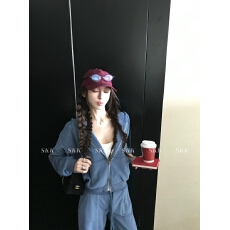 批发Skk Store 素颜套装 300G连帽抽绳蓝色卫衣外套/短裤/卫裤套装女