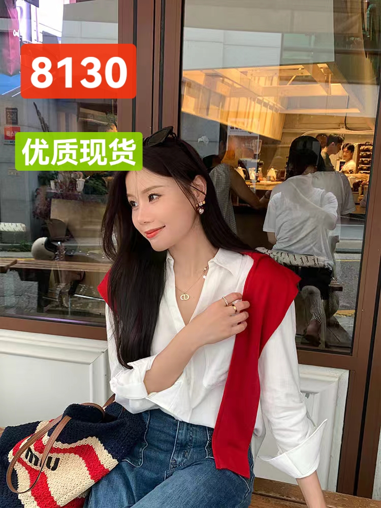 벤 그리스어 benxe 화이트 디자인 센스 긴팔 품격 도루 센스 뒤집다 접기 V넥 무거운 작업 자수 셔츠 여성 셔츠