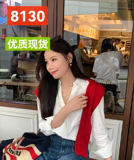 벤 그리스어 benxe 화이트 디자인 센스 긴팔 품격 도루 센스 뒤집다 접기 V넥 무거운 작업 자수 셔츠 여성 셔츠