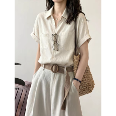 批发法式复古老钱风亚麻短袖衬衫女夏季休闲宽松棉麻衬衣小众通勤上衣