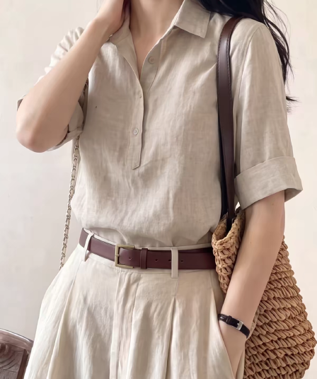 오래된 돈 바람 회색 아마 V넥 반팔 여성 셔츠 여름 얇은 스타일 고급 센스 폴로 칼라 면 린넨 셔츠 블라우스 맨위