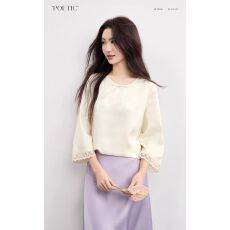 批发2026夏季新中式提花<b class='q'>雪纺衫女</b>七分袖宽松盘扣上衣通勤蕾丝袖口衬衫