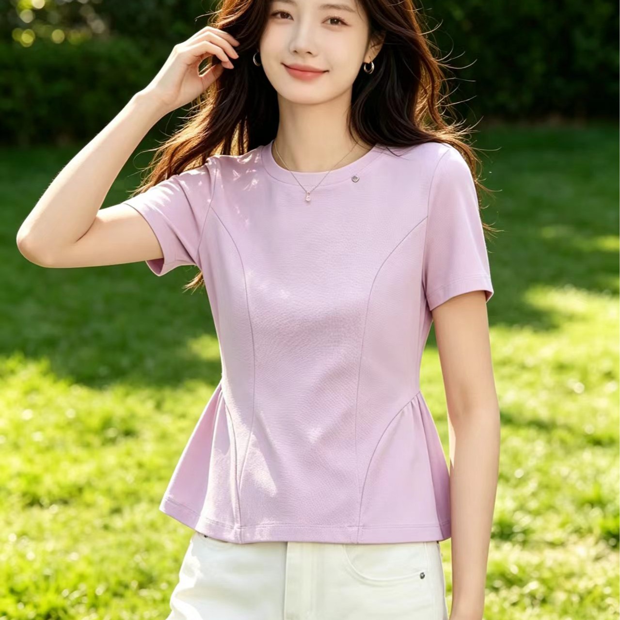 부드러운 바람 햇빛 면 반팔 허리 수축 티셔츠 여성 여름 새로운 몸매 가꾸기 슬림해 보이는 라운드 넥 다용도 출퇴근 맨위