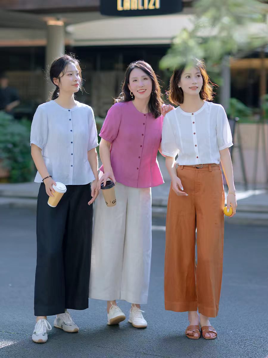 중년 엄마 면 린넨 여성 셔츠 2026 여름 드레스 새로운 라운드 넥 얇은 스타일 통기성 허리 수축 슬림해 보이는 반팔 맨위