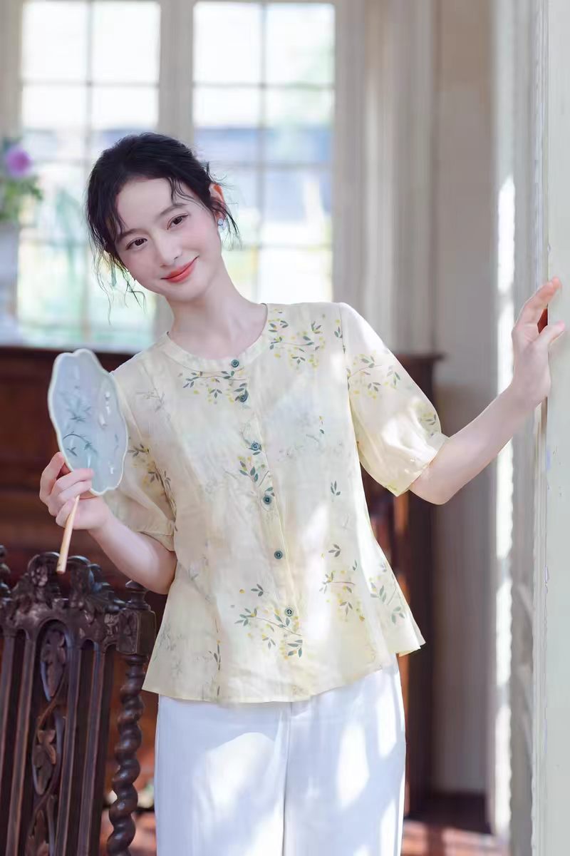 새로운 중식 국풍 프린트 면 린넨 여성 셔츠 여름 얇은 스타일 라운드 넥 허리 수축 거품 소매 부드러운 품격 맨위
