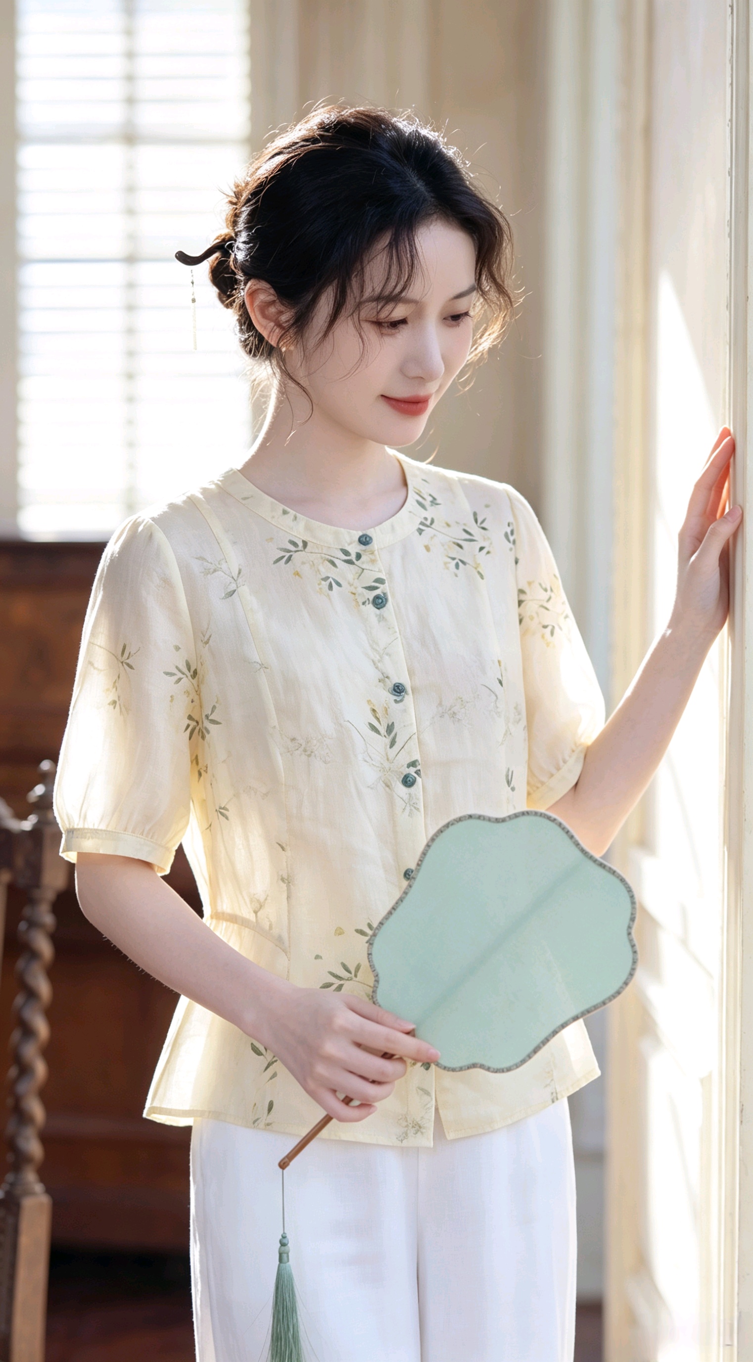 강남 바람 새로운 중식 꽃무늬 셔츠 면 린넨 통기성 레트로 라운드 넥 허리 수축 거품 소매 원 웨이 품격 맨위