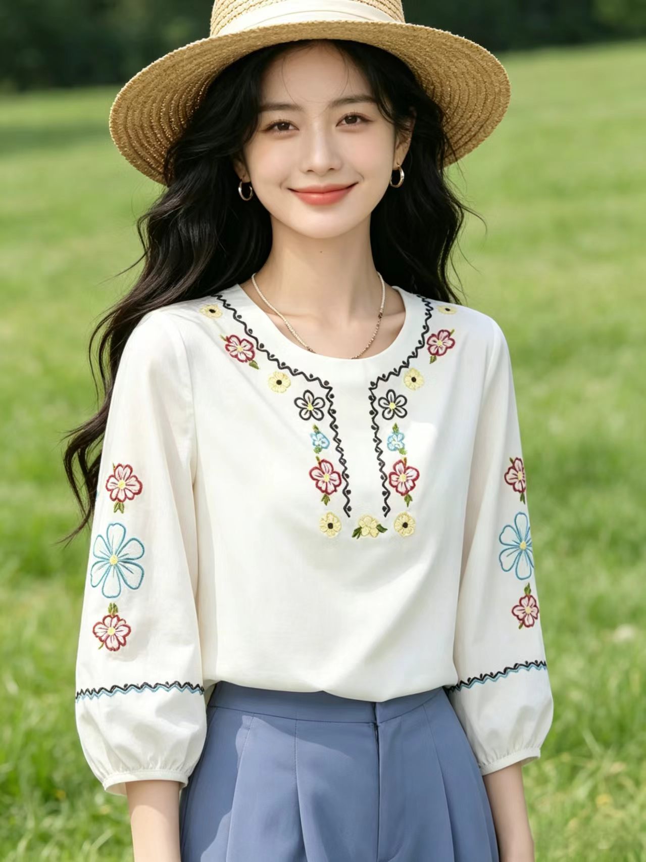 실사 2026 여름 휴가 바람 색상 꽃무늬 자수 7부 소매 티셔츠 루즈핏 벌룬 소매 문예 맨위