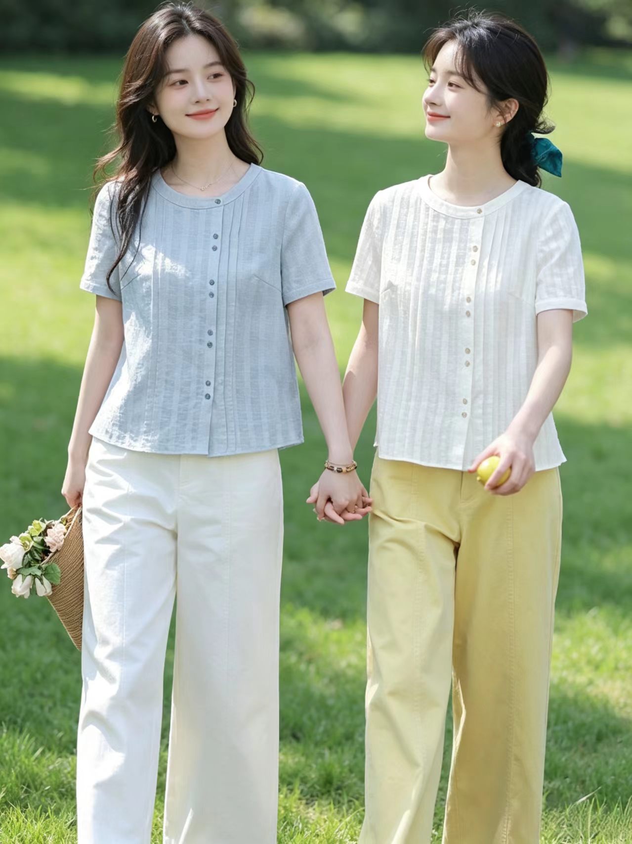 실사 여름 면 린넨 여성 셔츠 2026 반팔 자카드 라운드 넥 루즈핏 슬림해 보이는 부드러운 바람 문예 맨위