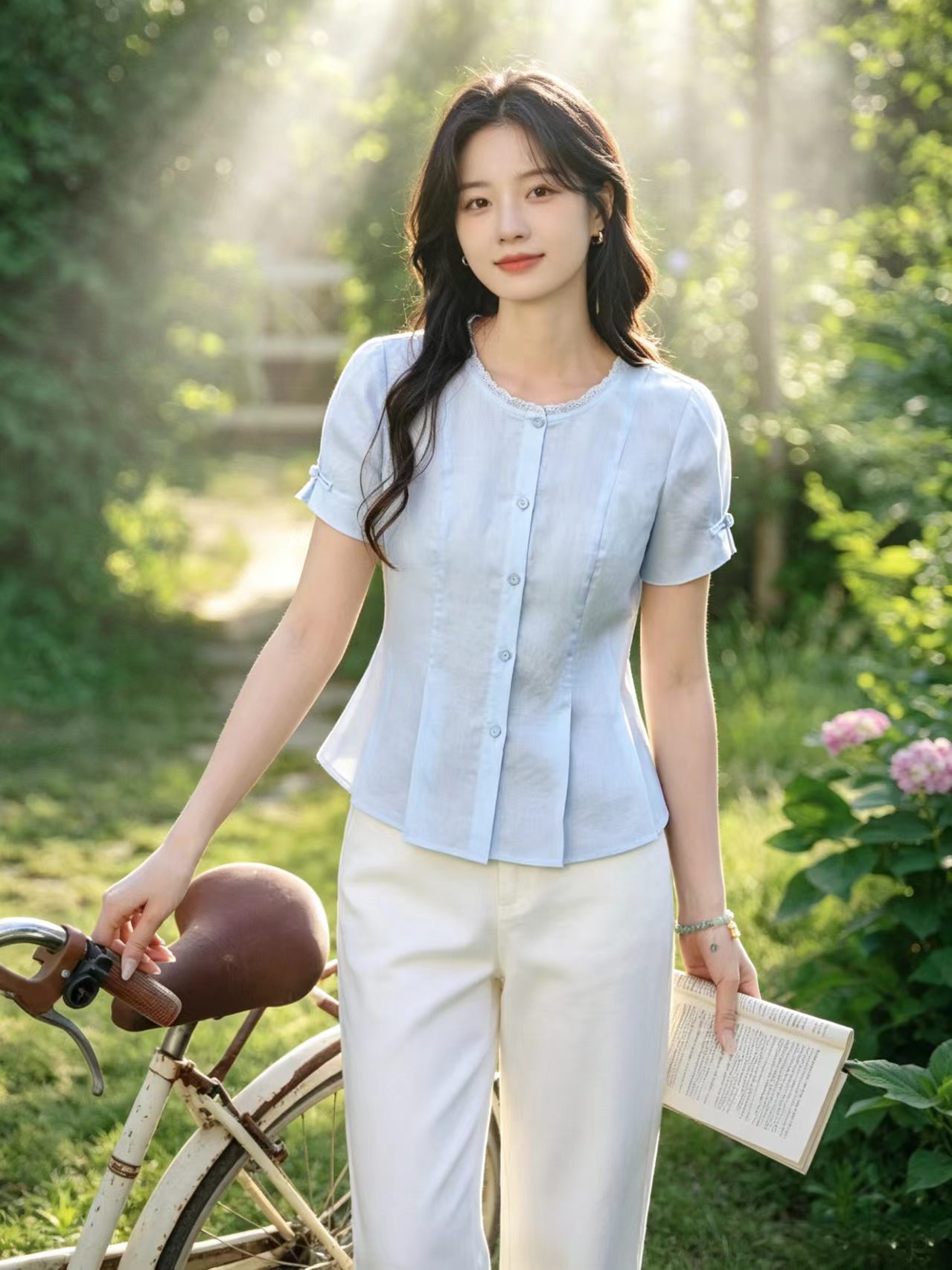 실사 하늘색 면 린넨 반팔 여성 셔츠 2026 여름 새로운 허리 수축 슬림해 보이는 라운드 넥 부드러운 바람 맨위