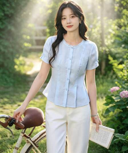 실사 하늘색 면 린넨 반팔 여성 셔츠 2026 여름 새로운 허리 수축 슬림해 보이는 라운드 넥 부드러운 바람 맨위