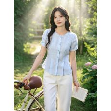 批发实拍浅蓝棉麻短袖衬衫<b class='q'>女</b>2026夏季新款收腰显瘦圆领温柔风上衣