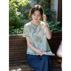 批发实拍新中式国风印花衬衫女夏季薄款上衣改良斜襟盘扣短袖茶服