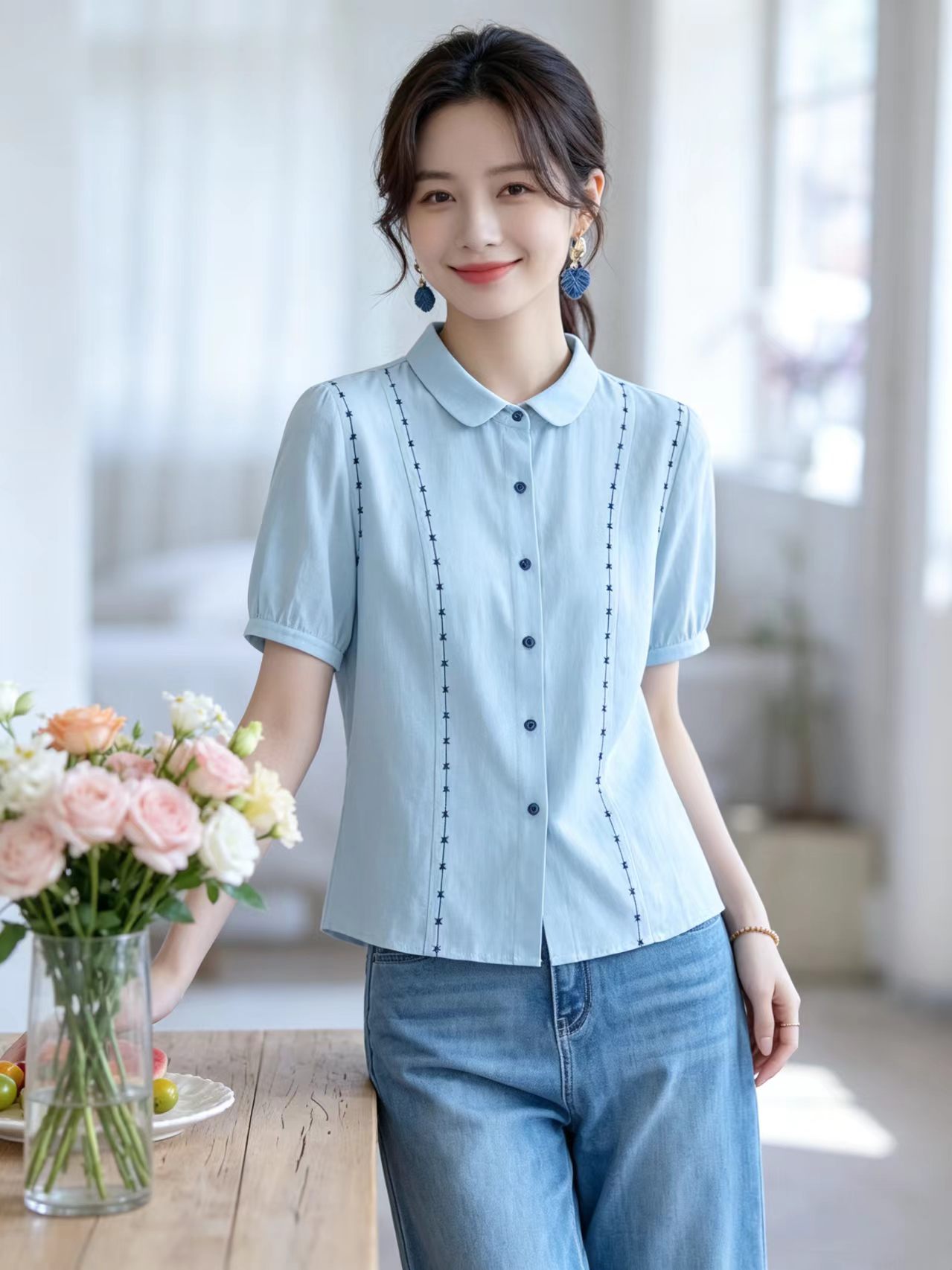 실사 베이비 칼라 반팔 여성 셔츠 여름 새로운 면 린넨 맨위 품격 연령 감소 출퇴근 자수 셔츠
