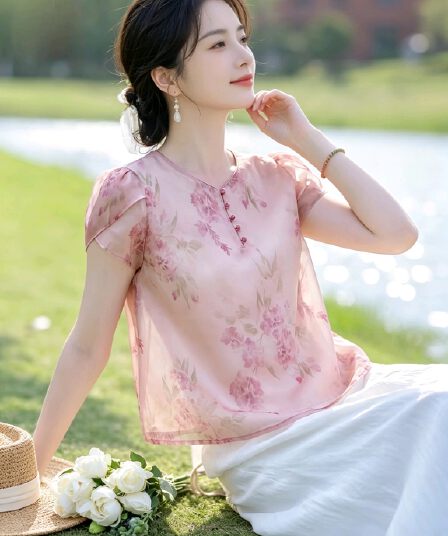 강남 바람 꽃무늬 반팔 맨위 부드러운 핑크색 통기성 쉬폰 블라우스 새로운 중식 루즈핏 슬림해 보이는 쇼트 스타일 셔츠