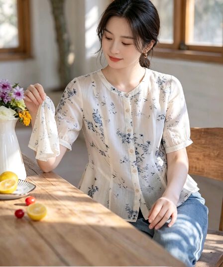 실사 강남 바람 새로운 중식 꽃무늬 셔츠 면 린넨 통기성 레트로 라운드 넥 허리 수축 원 웨이 품격 맨위