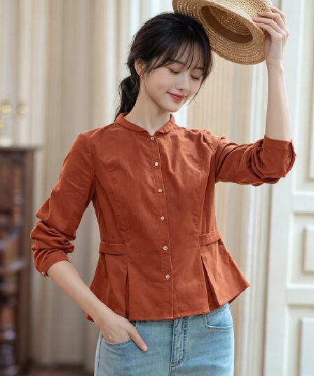 봄 가을 새로운 새로운 중식 스탠드 칼라 여성 셔츠 허리 수축 표지 배 연꽃 잎 밑단 레트로 캐러멜 색상 맨위