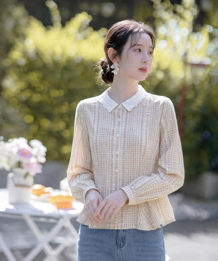 문예 레이스 베이비 칼라 체크무늬 여성 셔츠 봄 가을 자수 허리 수축 작은 키 쇼트 스타일 부드러운 긴팔 셔츠