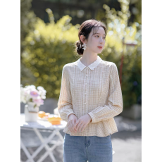 批发文艺蕾丝娃娃领格子<b class='q'>衬衫</b>女春秋刺绣收腰小个子短款温柔长袖<b class='q'>衬衣</b>