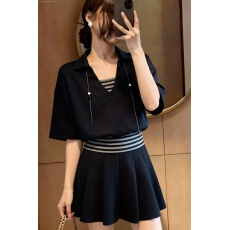 批发大码女装假两件T恤+松紧腰气质显瘦休闲A字百褶裙套装女<b class='q'>夏</b>季胖MM